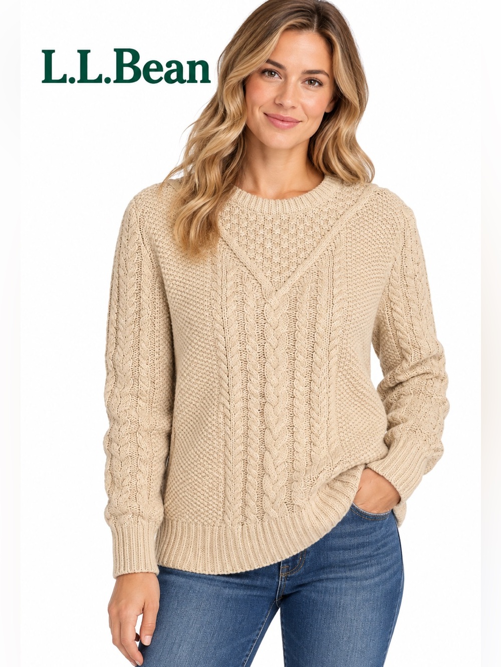 L.L.Bean Signature Women’s Cable Knit Cotton Sweater Cream Size M